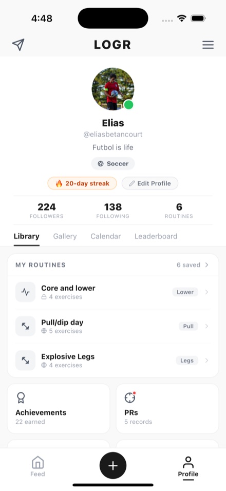 A LOGR profile: a twenty day streak, follower and routine counts, saved routines, and tiles for achievements and personal records.