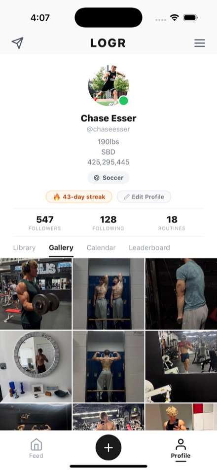 The Gallery tab of a LOGR profile: a grid of the photos posted alongside that athlete's workouts.