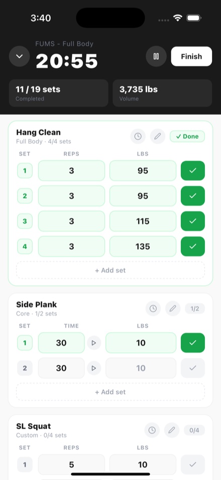 A workout in progress: a running clock, sets completed, volume so far, and a table of reps and weight per set with finished sets ticked off.