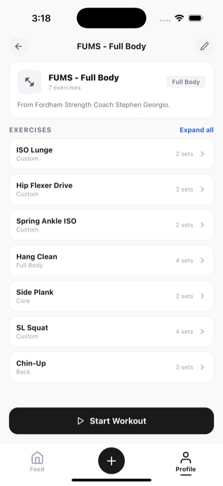 A saved routine in LOGR, FUMS Full Body, listing seven exercises with their set counts above a Start Workout button.