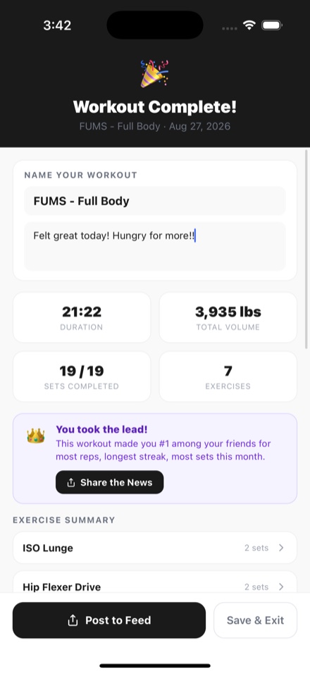 The end of a workout in LOGR: duration, total volume, sets completed and exercise count, with fields to name the session and write notes.