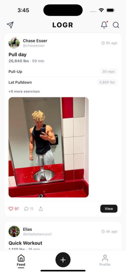 The LOGR feed: a friend's pull day showing total volume, duration, the exercises, and a photo from the session.