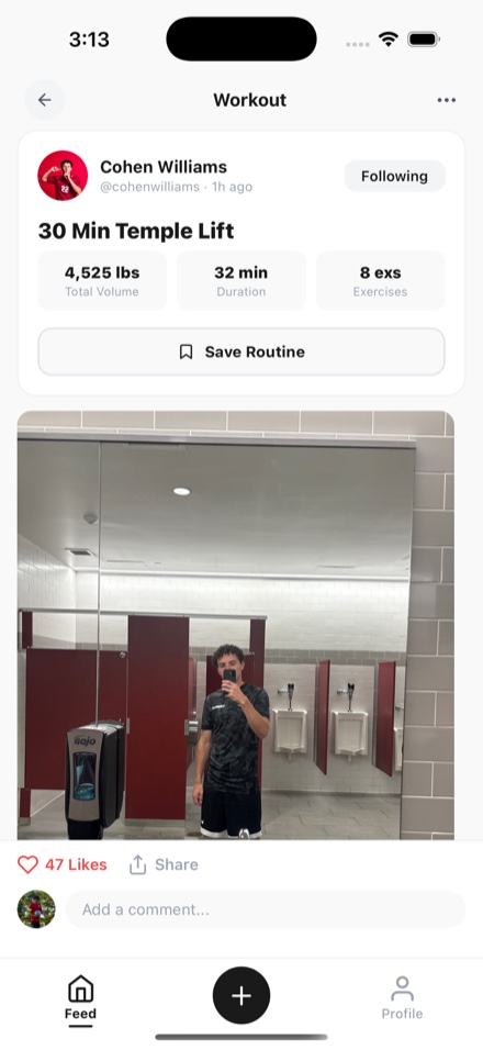 A workout post opened up: volume, duration and exercise count, a Save Routine button, the photo, likes and a comment box.