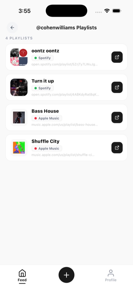A LOGR profile's playlists, linked from Spotify and Apple Music.